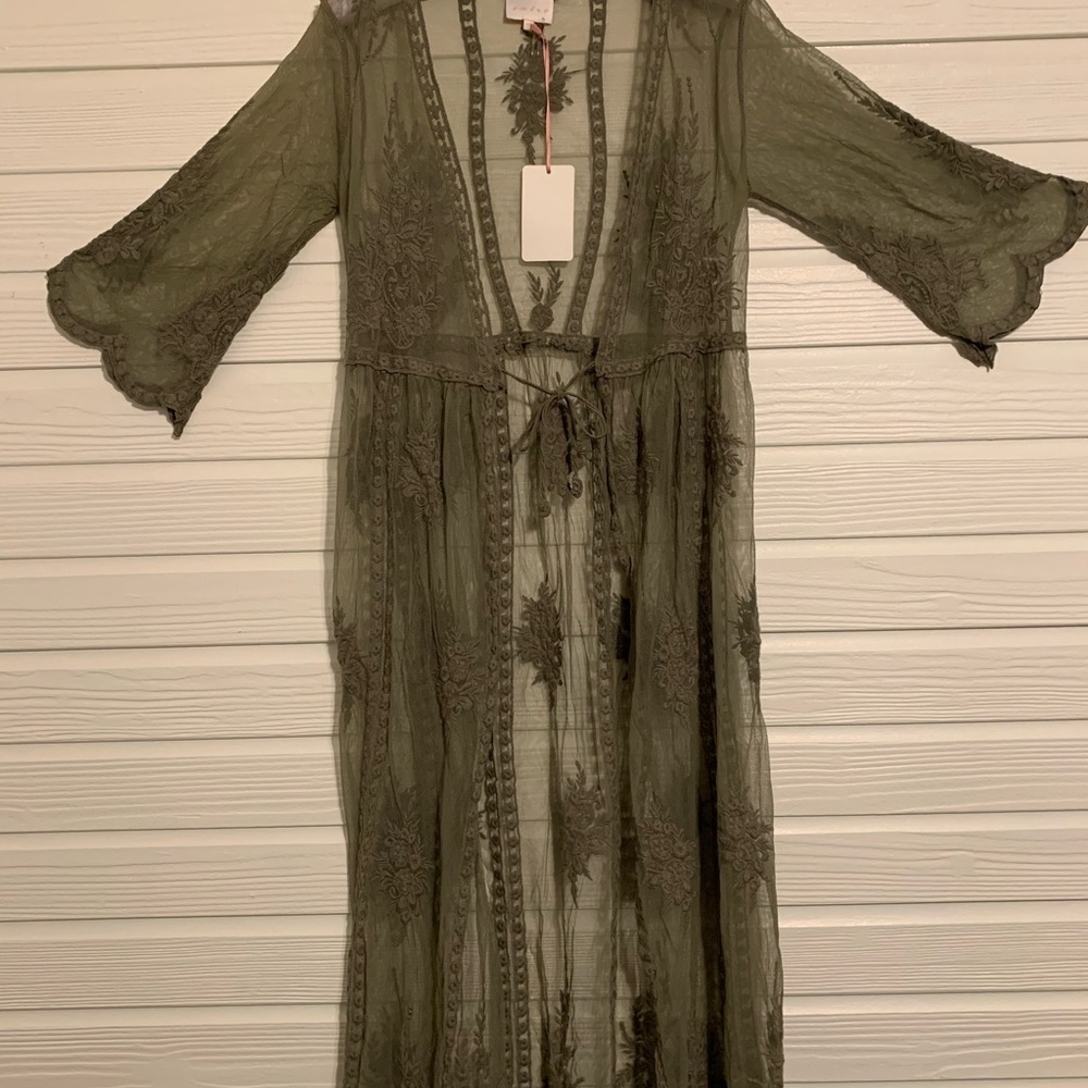 Long Sage Lace Kimono Duster